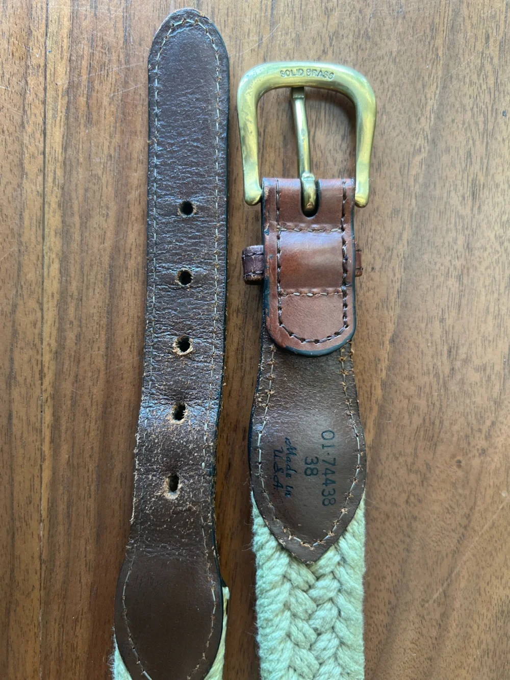 Men's Woven Braided Belt in Light Sage with Brown Leather Trim